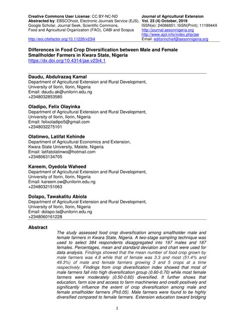 Pdf Differences In Food Crop Diversification Between Male And Female