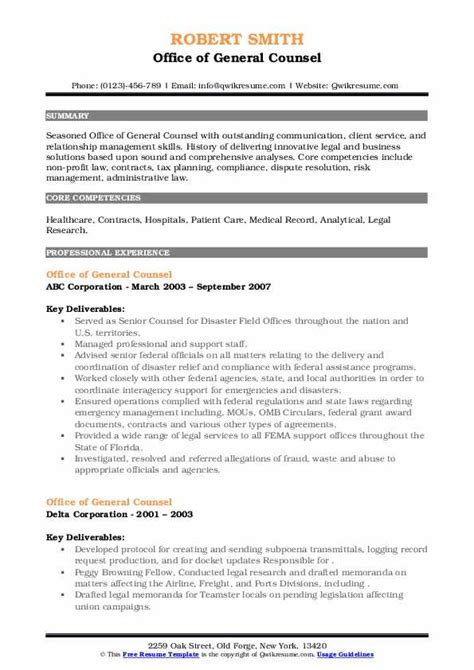 Office Of General Counsel Resume Samples Qwikresume