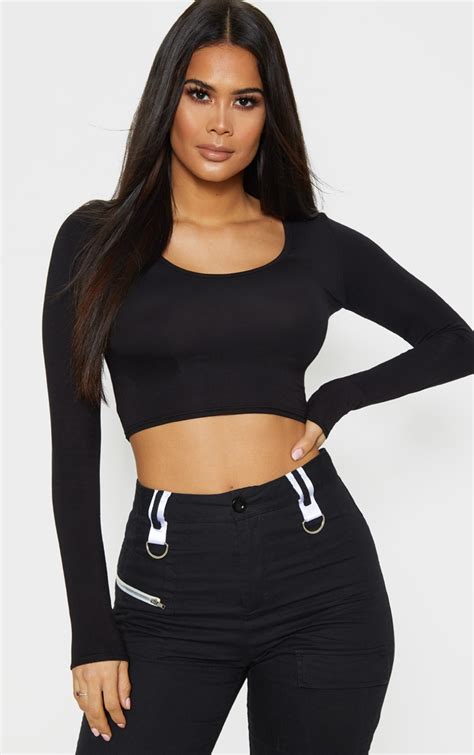 Black V Neck Long Sleeve Crop Top Tops Prettylittlething