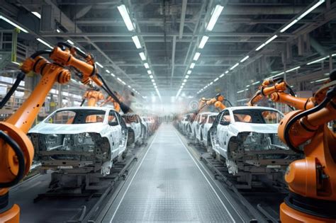 Car Factory With Robotic Arms At Assembly Line Generative AI Stock