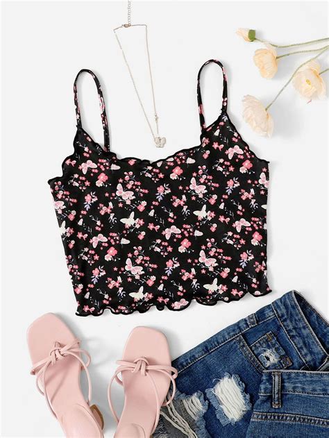 SHEIN WYWH Butterfly Floral Print Lettuce Trim Cami Top SHEIN USA