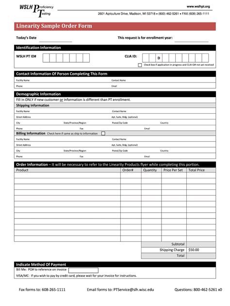 Fillable Online Slh Wisc Linearity Sample Order Form Wisconsin State