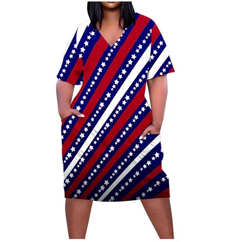 Eaufum 4th Of July Dress Women Sexy Plus Size Short Dress With Pockets