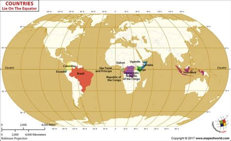 World Map showing the Countries that lie on the Equator - Answers