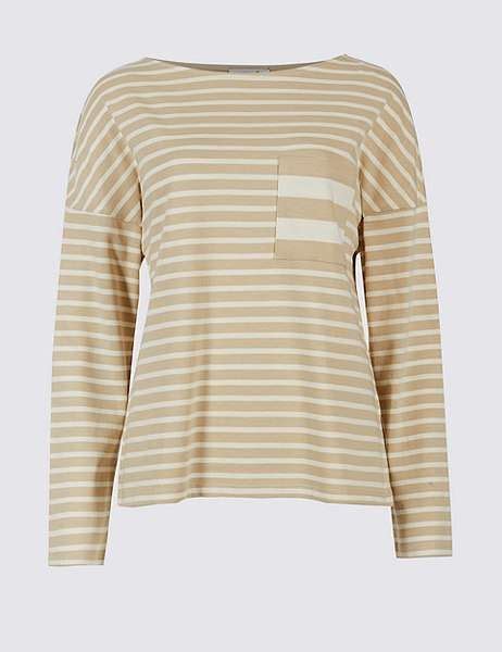 Marks And Spencer Pure Cotton Striped Pocket T Shirt Long Sleeve