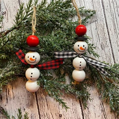 Wood Bead Snowman Ornaments Set Of Farmhouse Tree Decor Etsy