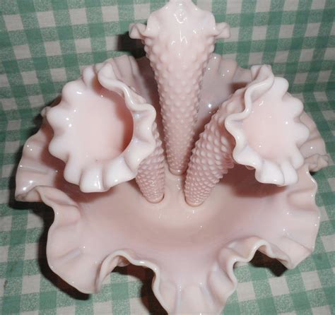 Fenton Pink Milk Glass Hobnail 3 Arm Epergne Ruffled Edge Bowl Etsy