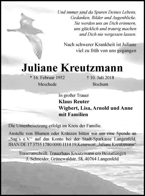 Traueranzeigen Von Juliane Kreutzmann Trauer In Nrw De