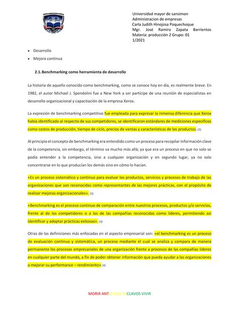 Benchmarking Procesos Carla Hinojosa Mgr Zapata Pdf