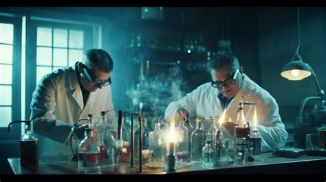 Dos hombres con batas de laboratorio están trabajando en un laboratorio