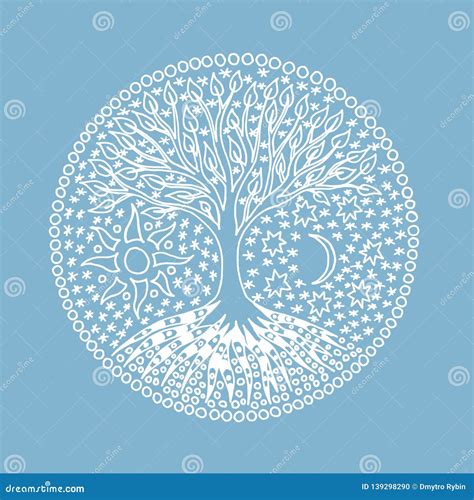 Mandala Tree De La Vida Árbol Simbólico En Fondo Azul Stock De Ilustración Ilustración De