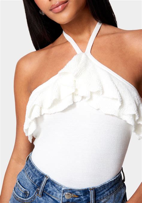 Halter Lurex Sweater Ruffle Top Bebe