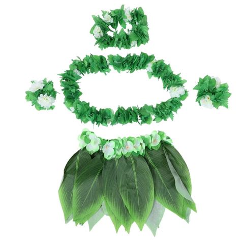 5pcs Hula Skirt Hawaiian Costume Set With Green Leaves Necklace Bracelets Headband Luau Party