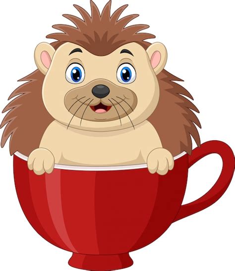 Hérisson Heureux De Dessin Animé Assis Dans Une Tasse Rouge Vecteur