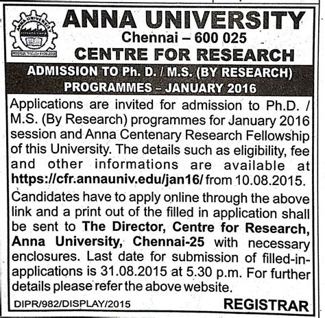 Anna University Centre for Research Admission Ph.D M.S Programmes ...