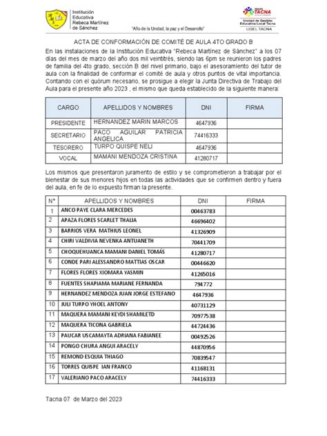 Acta De Conformación De Comité De Aula Pdf