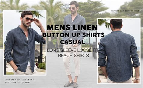 Mens Linen Shirts Long Sleeve Casual Button Down Cotton Lightweight Beach Summer