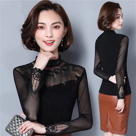 2019 Women Spring Mesh Black Lace Patchwork Shirts Half Turtleneck Tops