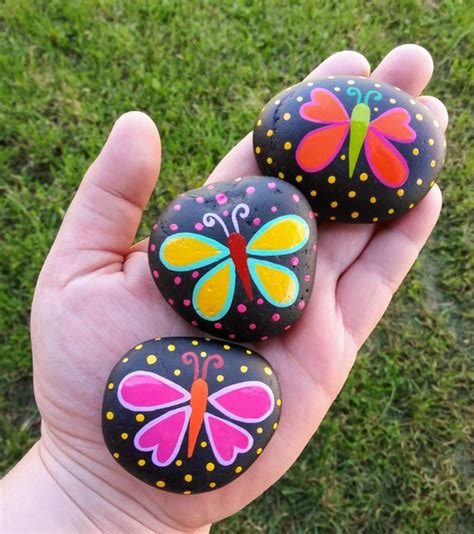 Set Of 3 Butterflies Hand Painted Rocks Butterfly Themed Party Etsy