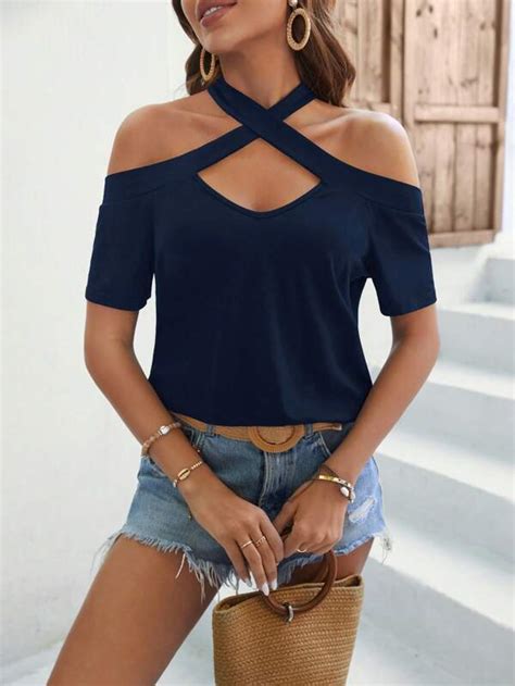 Shein Priv Solid Criss Cross Cold Shoulder Tee Shein Usa