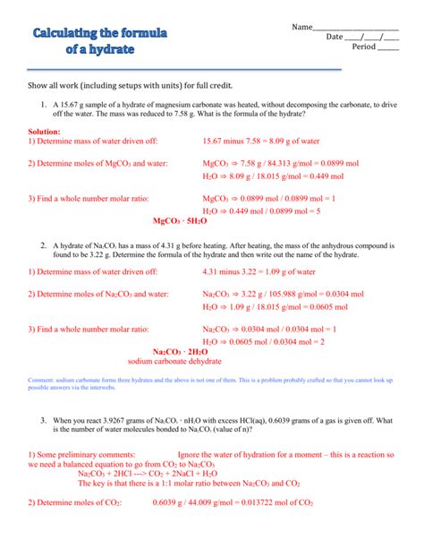 Determine The Formula Of A Hydrate Worksheet