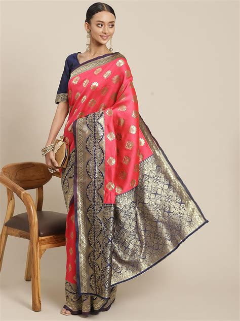 buy varanga fuchsia pink blue ethnic motifs zari silk blend banarasi