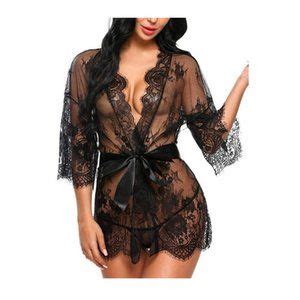 Lingeriebyritchie Intimates Sleepwear Lace Kimono Robe Babydoll Lingerie Mesh Nightgown