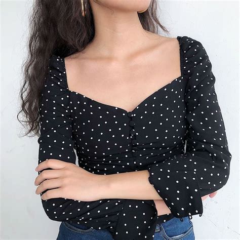 Polka Dot Retro Flared Sleeves Black Blouse Fashion Outfits Chic