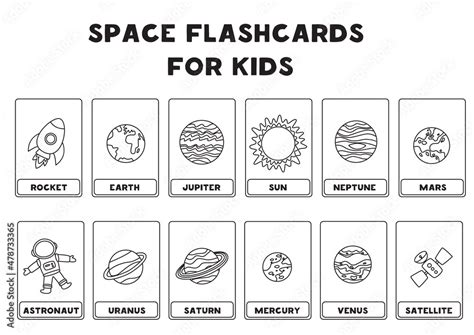 Space flashcards for kids. Vector illustrations of solar system planets ...