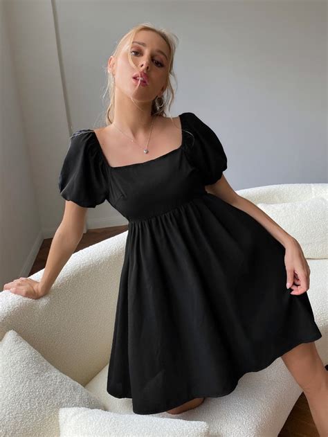 Square Neck Puff Sleeve Dress Black Short Dress Puffed Sleeves Dress