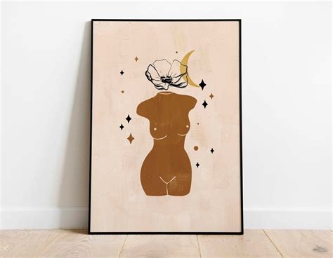 Female Form Art Print Celestial Woman Wall Print Nude Female Wall Art Woman With Flowers Print