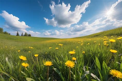 Premium Photo Beautiful Meadow Field With Fresh Grass And Yellow