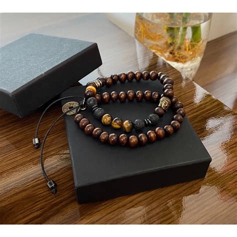 Pulseira Masculina Feminina Kit Pedra Natural Madeira Buda Shopee