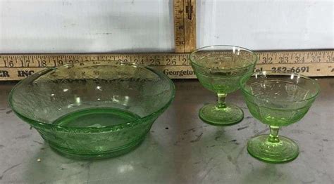 Etched Green Uranium Bowl And Stemmed Glasses Sherwood Auctions