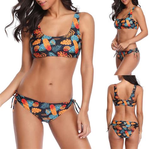 Buy Sexy Women Leaf Print Push Up Padded Bra Beach Bikini Set Swimsuit