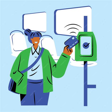 Mujer trabajadora pagando pasaje en autobús con tarjeta de crédito