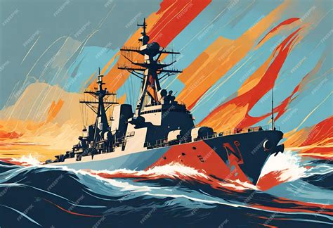 Premium Ai Image Navy Warship In High Waters Digital Illustration