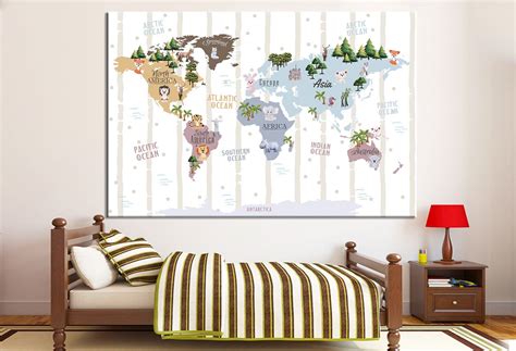 Kids Decor Nursery Wall Art World Map Illustration Animal Map of the World for Children Wall Art ...