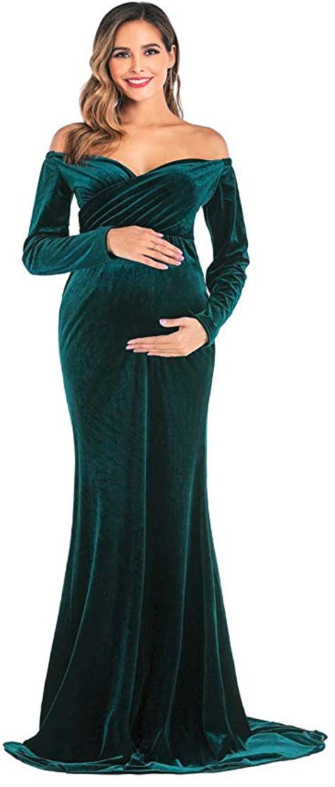 Justvh Velvet Maternity Off Shoulder Half Circle Fitted Gown Maxi