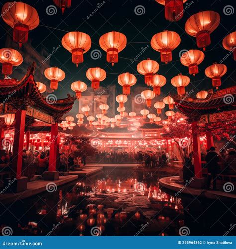 Traditional Red Chinese Lanterns In The Air At Night During Chinese Lunar New Year Festival Near