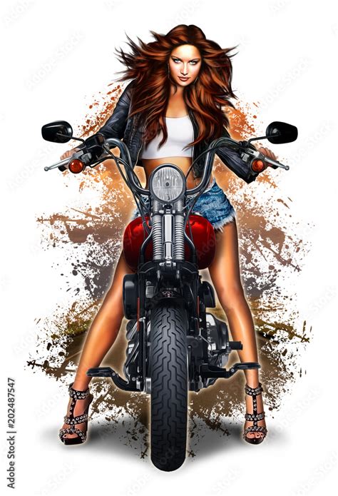 Illustration With A Beautiful Biker Girl Long Red Hair Short Denim