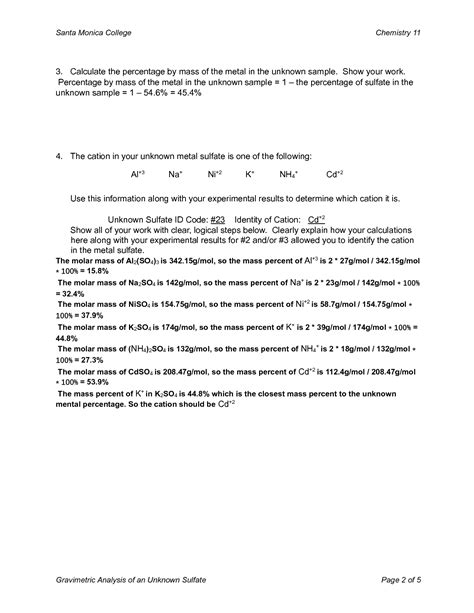 SOLUTION CHEM 11 SMC Gravimetric Analysis Of An Unknown Sulfate Lab