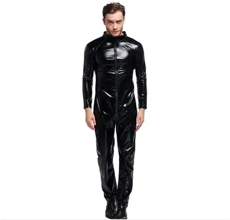 Faux Pvc Leather Latex Fetish Bondage Costumes For Men Sexy Jumpsuit Nightclub Wear Gay Sex