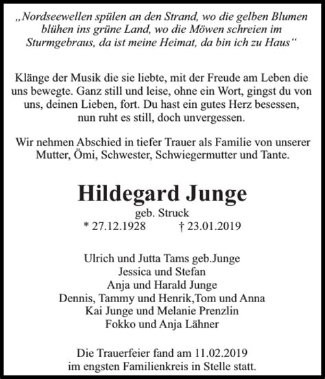 Traueranzeigen Von Hildegard Junge Sh Z Trauer