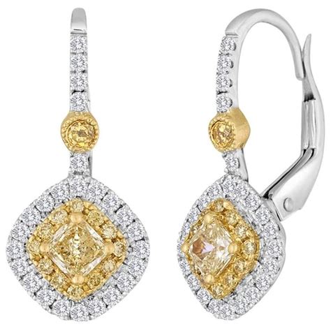 Fancy Yellow And Diamond Two Color Gold Double Halo Earring For Sale At