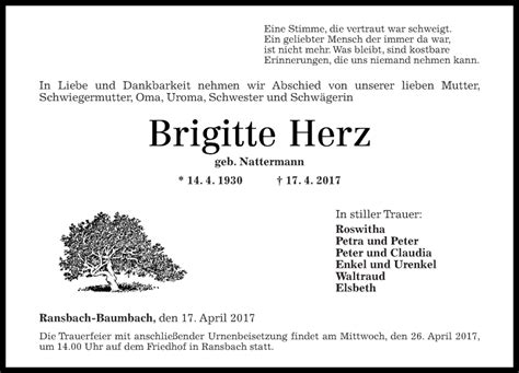 Traueranzeigen Von Brigitte Herz Rz Trauer De