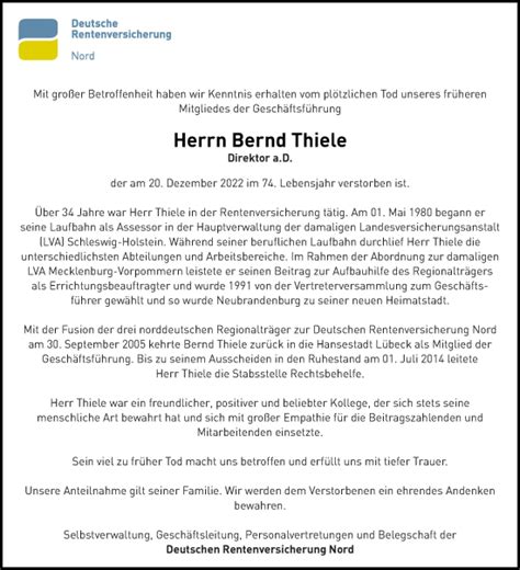 Traueranzeigen Von Bernd Thiele Trauer Nordkurier