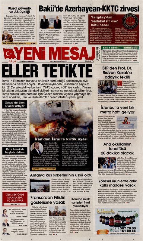 Yeni Mesaj Gazetesi Yeni Mesaj Manşet Oku Haberler 15 Ekim 2023