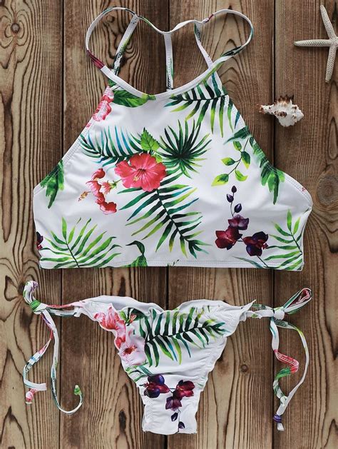 Flowers Print High Neck Bikini Set WHITE Bikini De Cuello Alto