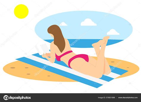 Woman Bikini Lying Beach Blue White Striped Towel Reading Book Stock